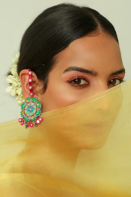 Shop_NAKHREWAALI_Blue Pushpa Embellished Earrings _Online_at_Aza_Fashions