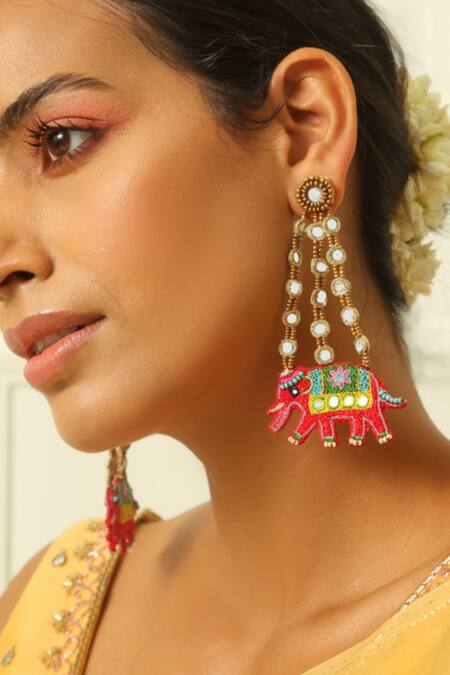 NAKHREWAALI_Multi Color Embroidery Haathi Hand Earrings _Online_at_Aza_Fashions