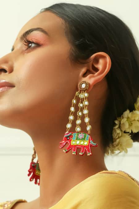 NAKHREWAALI Multi Color Embroidery Haathi Hand Earrings 