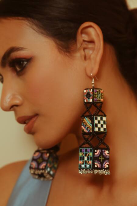 NAKHREWAALI_Multi Color Embroidery, Beads Raabta Earrings _Online_at_Aza_Fashions