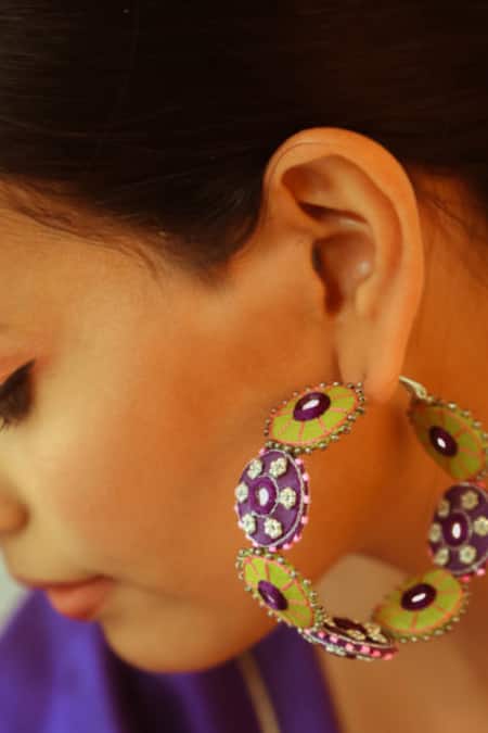 NAKHREWAALI_Purple Embroidery Rani Sa Color Block Earrings _Online_at_Aza_Fashions