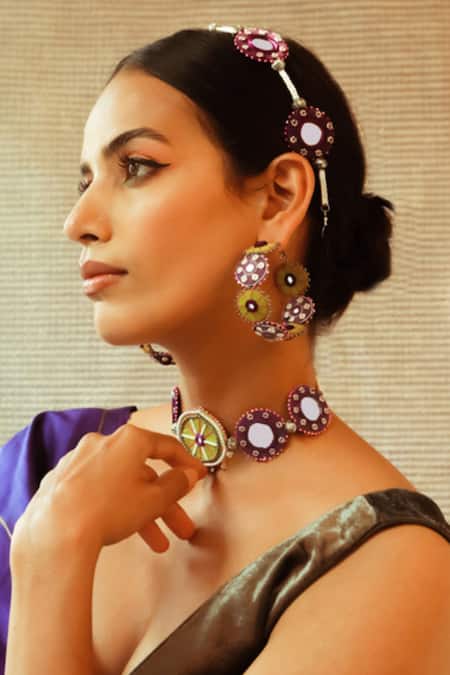 NAKHREWAALI Purple Embroidery Rani Sa Color Block Earrings 