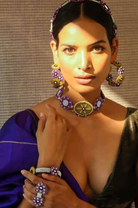 NAKHREWAALI Rani Sa Color Block Embroidered Earrings 