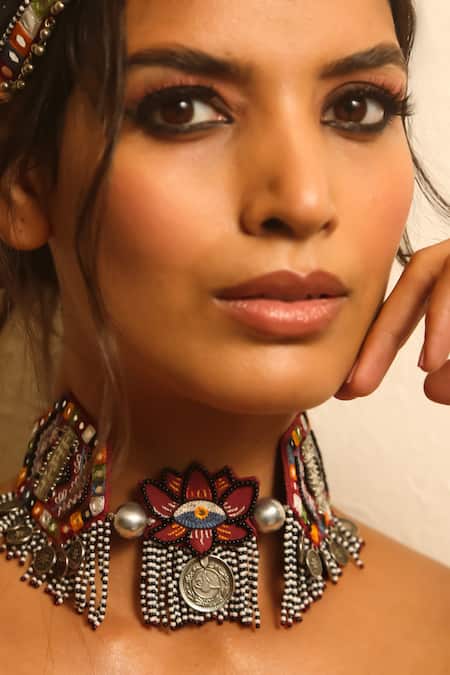 Buy_NAKHREWAALI_Multi Color Kamli Embroidered Choker _Online_at_Aza_Fashions