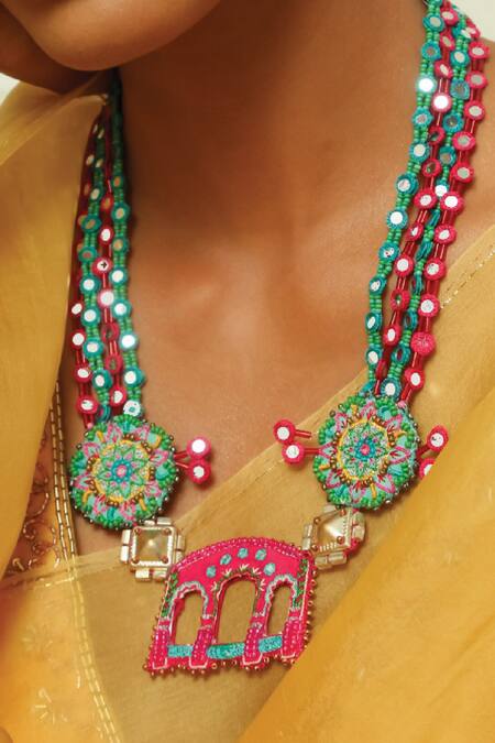 NAKHREWAALI_Blue Pushpon Wali Embroidered Necklace _Online_at_Aza_Fashions
