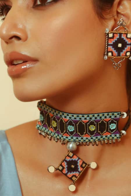 NAKHREWAALI_Multi Color Sakinah Embroidered Choker _Online_at_Aza_Fashions