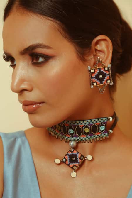 Buy_NAKHREWAALI_Multi Color Sakinah Embroidered Choker _Online_at_Aza_Fashions