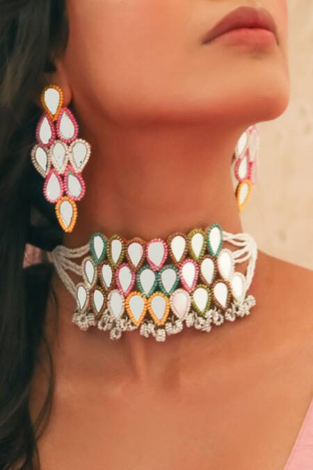 NAKHREWAALI_Multi Color Ishqaana Mirror Choker _Online_at_Aza_Fashions