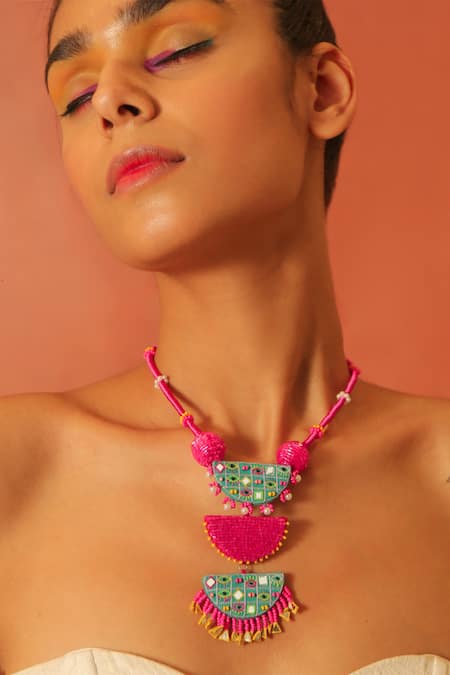 NAKHREWAALI_Blue Iykyk Beaded Necklace _Online_at_Aza_Fashions