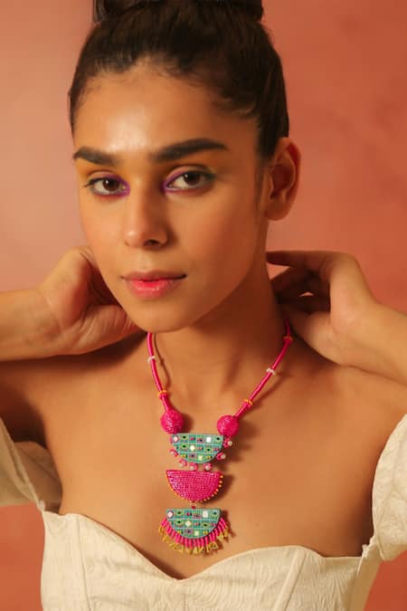 Buy_NAKHREWAALI_Blue Iykyk Beaded Necklace _Online_at_Aza_Fashions