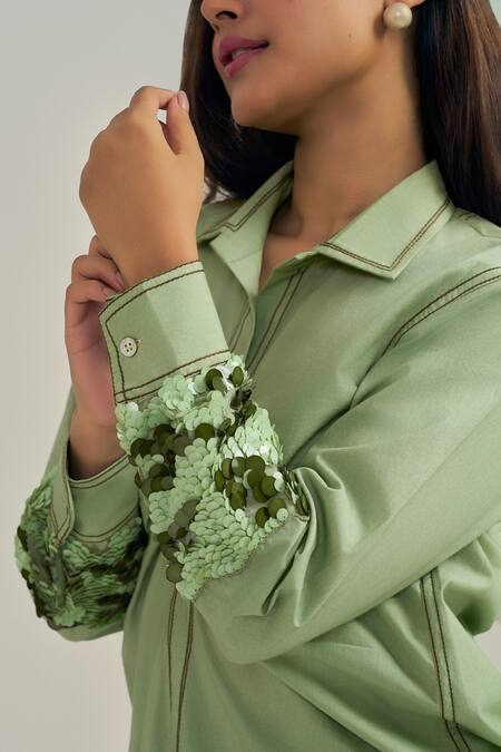 Neetiandmudita_Green Cotton Fabric Flowers Collared Cuff Story Shirt _Online_at_Aza_Fashions
