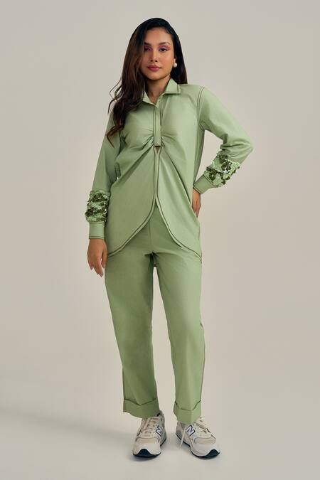 Buy_Neetiandmudita_Green Cotton Fabric Flowers Collared Cuff Story Shirt _Online_at_Aza_Fashions