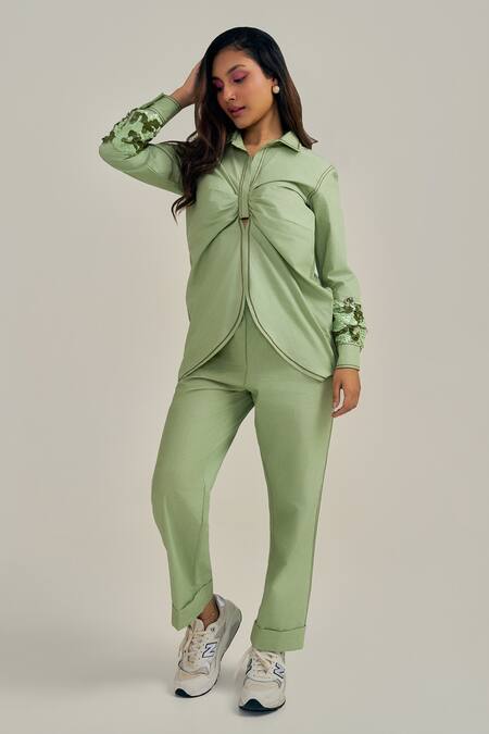 Shop_Neetiandmudita_Green Cotton Fabric Flowers Collared Cuff Story Shirt _Online_at_Aza_Fashions