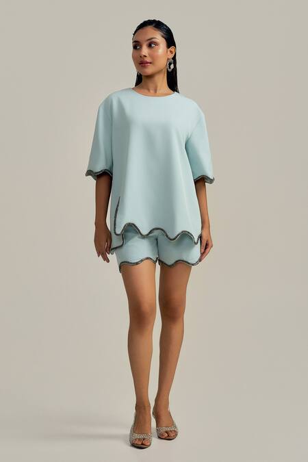 Buy_Neetiandmudita_Blue Crepe Crew Neck Morning Dew Top _Online_at_Aza_Fashions