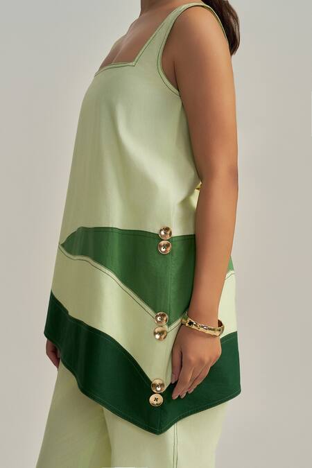 Buy_Neetiandmudita_Green Cotton Square Neck Meadow Contrast Top _Online_at_Aza_Fashions