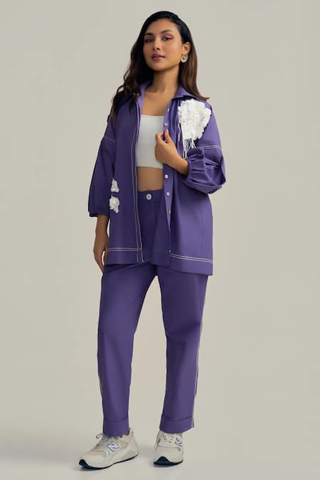 Neetiandmudita_Purple Cotton Fabric Flowers Collared Haze Shirt _Online_at_Aza_Fashions