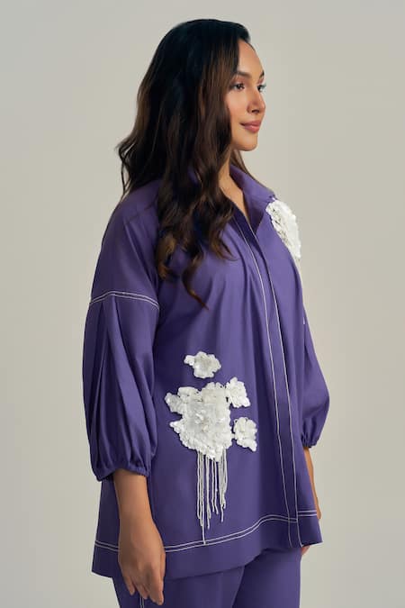 Buy_Neetiandmudita_Purple Cotton Fabric Flowers Collared Haze Shirt _Online_at_Aza_Fashions