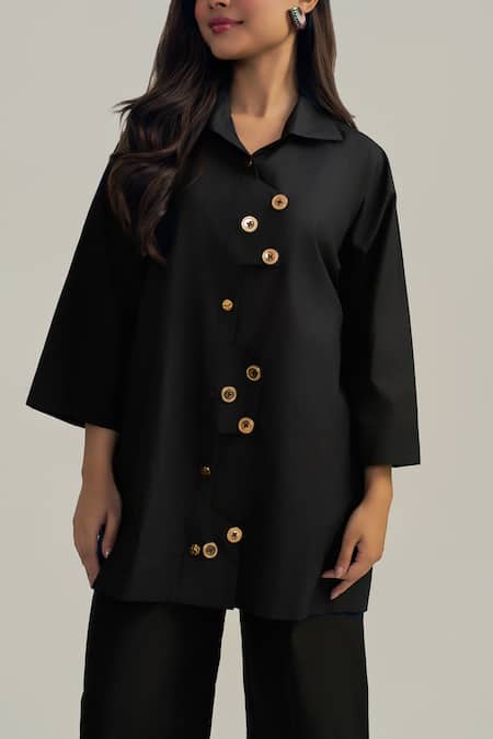 Neetiandmudita_Black Cotton Collared Placket Play Shirt _Online_at_Aza_Fashions