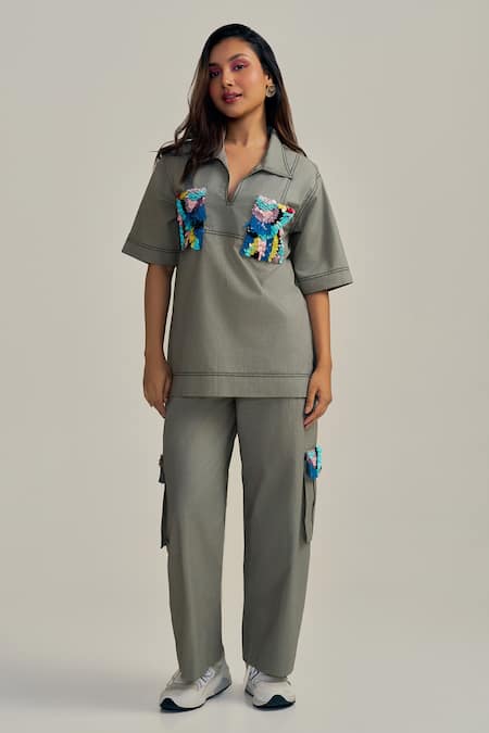 Neetiandmudita_Gray Cotton Sequins Collared Pocket Theory Top _Online_at_Aza_Fashions