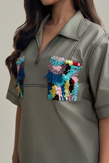 Buy_Neetiandmudita_Gray Cotton Sequins Collared Pocket Theory Top _Online_at_Aza_Fashions