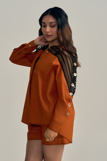 Neetiandmudita Orange Cotton Collared Rust Reverie Shirt Online at Aza Fashions Neetiandmudita_Orange Cotton Collared Rust Reverie Shirt _Online_at_Aza_Fashions