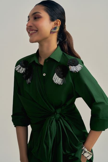 Buy_Neetiandmudita_Green Cotton Collared Silverleaf Wrap Shirt _Online_at_Aza_Fashions