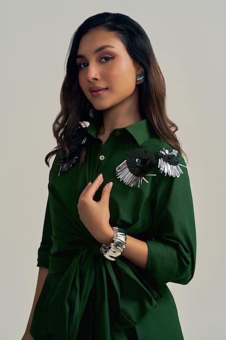 Shop_Neetiandmudita_Green Cotton Collared Silverleaf Wrap Shirt _Online_at_Aza_Fashions
