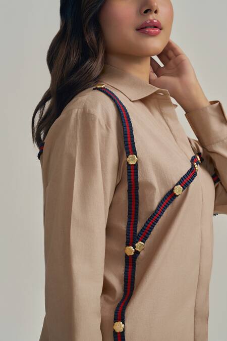 Buy_Neetiandmudita_Brown Cotton Collared Twill Trim Shirt _Online_at_Aza_Fashions