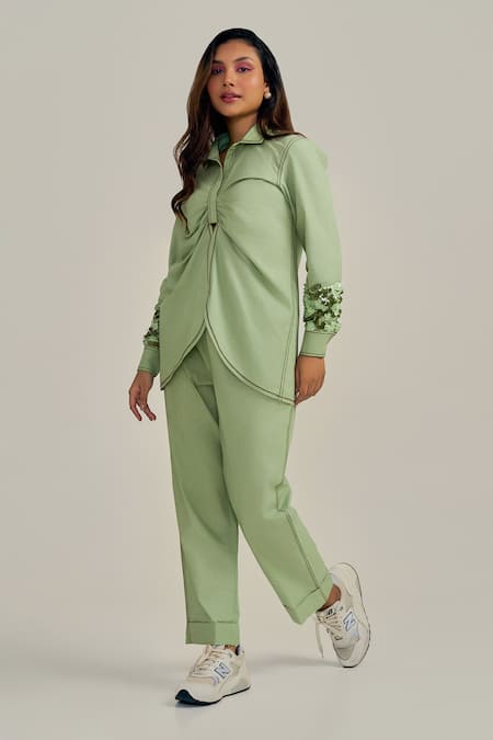 Buy_Neetiandmudita_Green Cotton Sequins Collared Cuff Story Pant Set _Online_at_Aza_Fashions