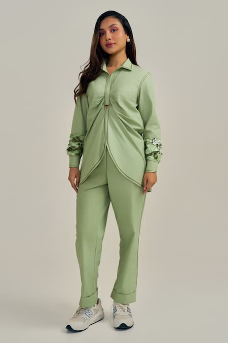 Shop_Neetiandmudita_Green Cotton Sequins Collared Cuff Story Pant Set _Online_at_Aza_Fashions