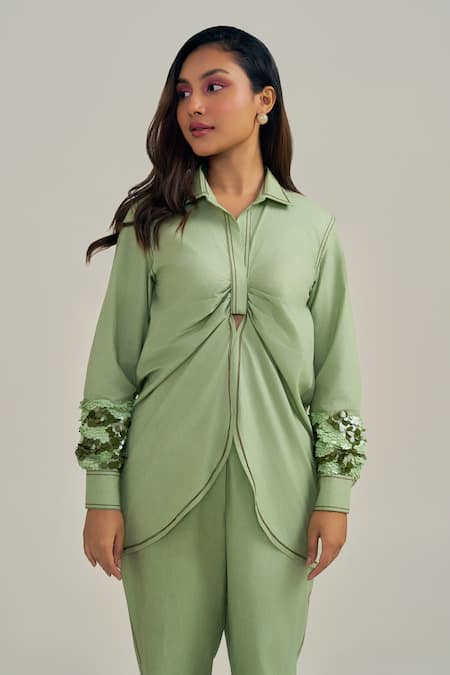 Neetiandmudita_Green Cotton Sequins Collared Cuff Story Pant Set _at_Aza_Fashions