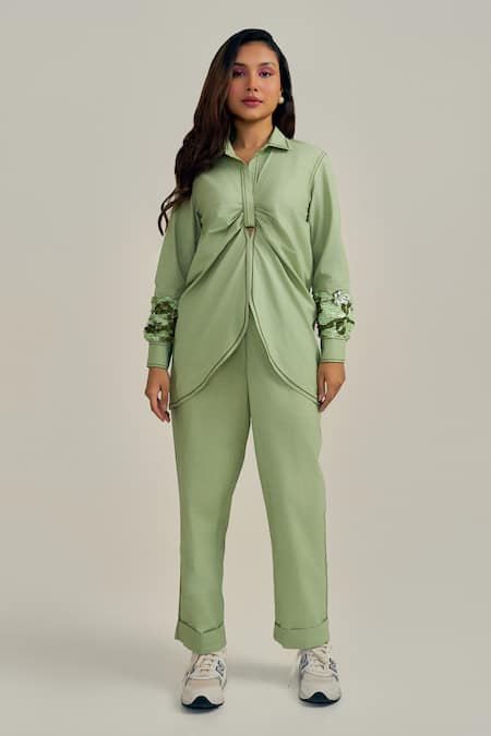 Buy_Neetiandmudita_Green Cotton Sequins Collared Cuff Story Pant Set 