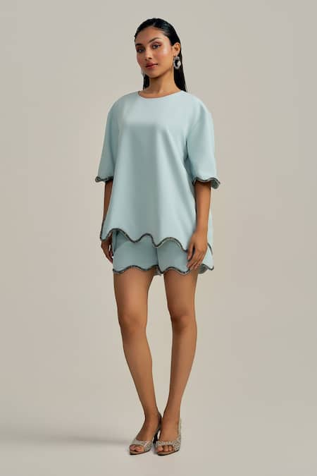 Neetiandmudita_Blue Crepe Round Neck Morning Dew Shorts Co-ord Set _Online_at_Aza_Fashions