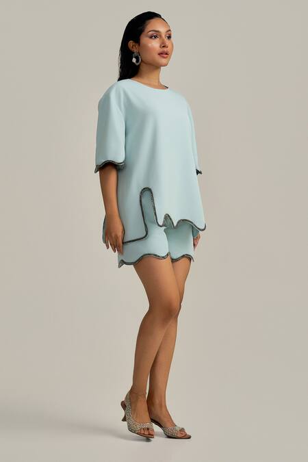 Buy_Neetiandmudita_Blue Crepe Round Neck Morning Dew Shorts Co-ord Set _Online_at_Aza_Fashions