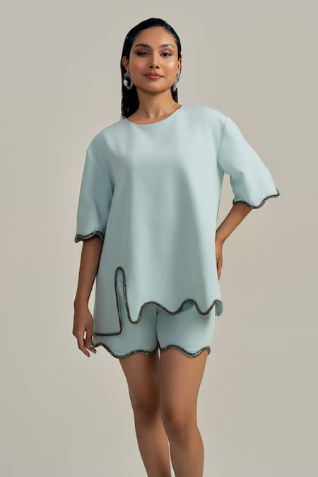 Shop_Neetiandmudita_Blue Crepe Round Neck Morning Dew Shorts Co-ord Set _Online_at_Aza_Fashions