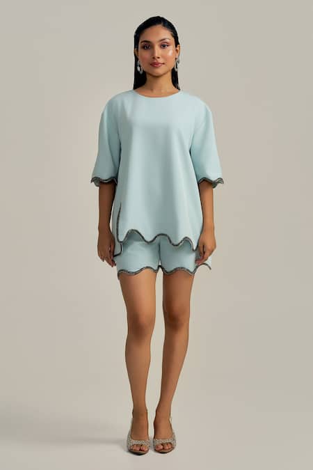 Neetiandmudita_Blue Crepe Round Neck Morning Dew Shorts Co-ord Set _at_Aza_Fashions
