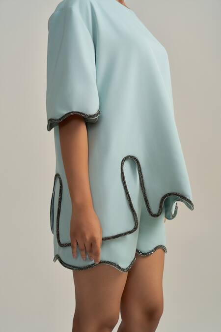 Buy_Neetiandmudita_Blue Crepe Round Neck Morning Dew Shorts Co-ord Set 