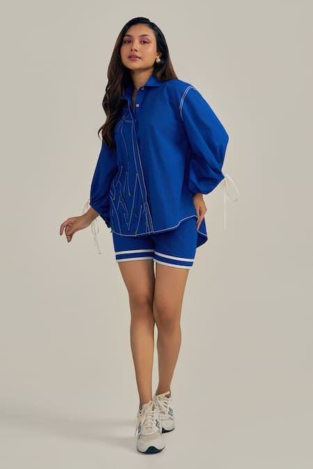 Neetiandmudita_Blue Cotton Beads Collared Electric Crystal Shorts Co-ord Set _Online_at_Aza_Fashions