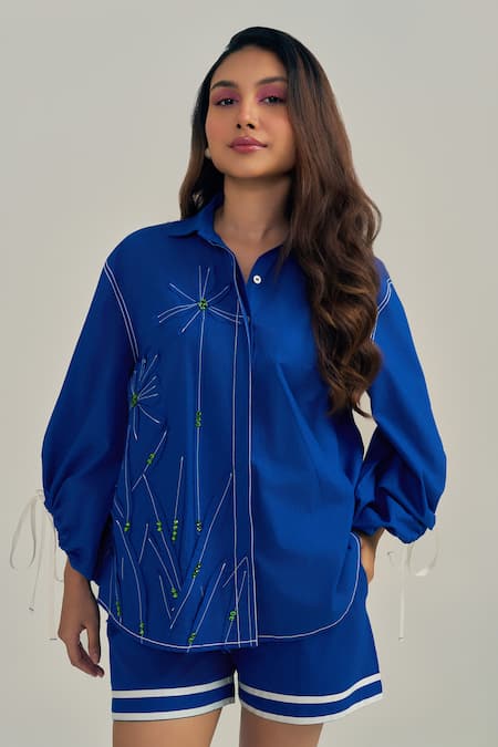 Neetiandmudita_Blue Cotton Beads Collared Electric Crystal Shorts Co-ord Set _at_Aza_Fashions