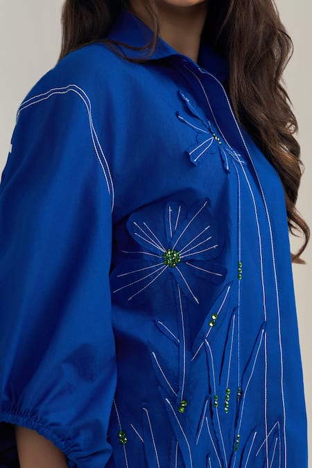 Buy_Neetiandmudita_Blue Cotton Beads Collared Electric Crystal Shorts Co-ord Set 