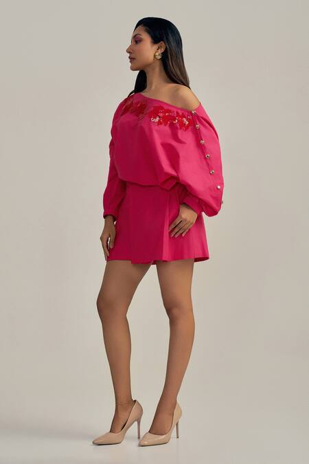 Neetiandmudita_Fuchsia Cotton Embroidery Off-shoulder Flame Shorts Set _Online_at_Aza_Fashions