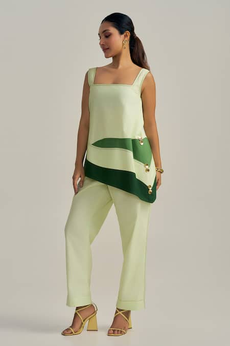 Buy_Neetiandmudita_Green Cotton Square Neck Meadow Contrast Pant Set _Online_at_Aza_Fashions