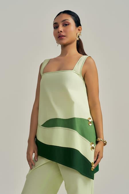 Shop_Neetiandmudita_Green Cotton Square Neck Meadow Contrast Pant Set _Online_at_Aza_Fashions