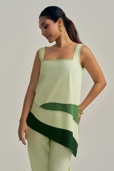 Neetiandmudita_Green Cotton Square Neck Meadow Contrast Pant Set _at_Aza_Fashions
