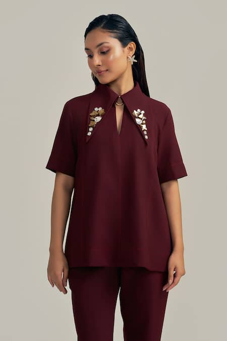 Neetiandmudita_Burgundy Crepe Mandarin Collar Merlot Edge Pant Co-ord Set _at_Aza_Fashions