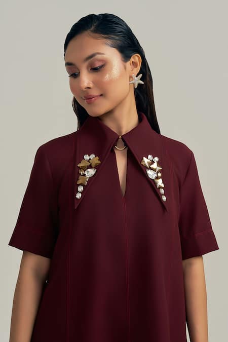 Buy_Neetiandmudita_Burgundy Crepe Mandarin Collar Merlot Edge Pant Co-ord Set 