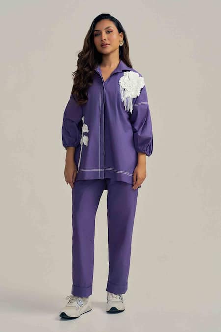 Neetiandmudita_Purple Cotton Embroidery Collared Haze Pant Co-ord Set _Online_at_Aza_Fashions