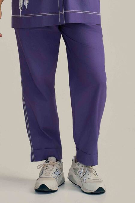 Buy_Neetiandmudita_Purple Cotton Embroidery Collared Haze Pant Co-ord Set _Online_at_Aza_Fashions