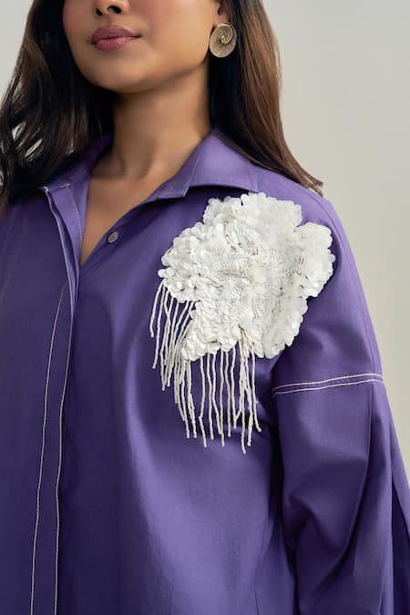 Shop_Neetiandmudita_Purple Cotton Embroidery Collared Haze Pant Co-ord Set _Online_at_Aza_Fashions