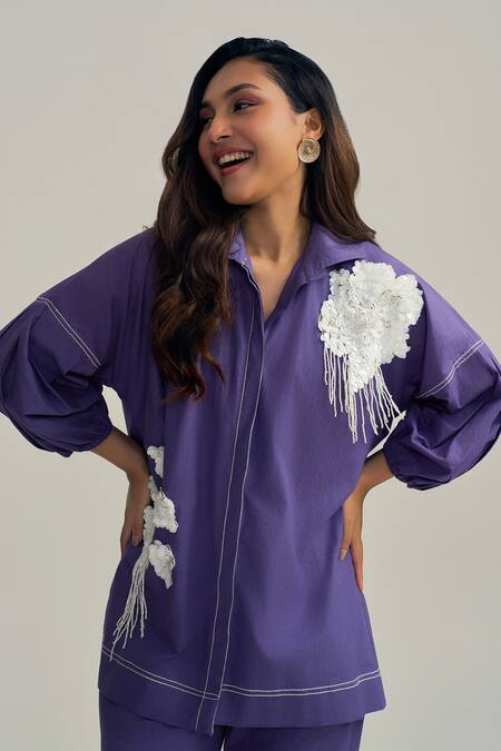 Neetiandmudita_Purple Cotton Embroidery Collared Haze Pant Co-ord Set _at_Aza_Fashions